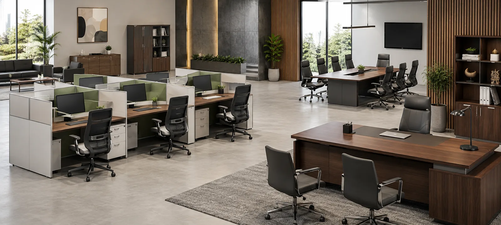 Contemporary office workspace with ergonomic furniture